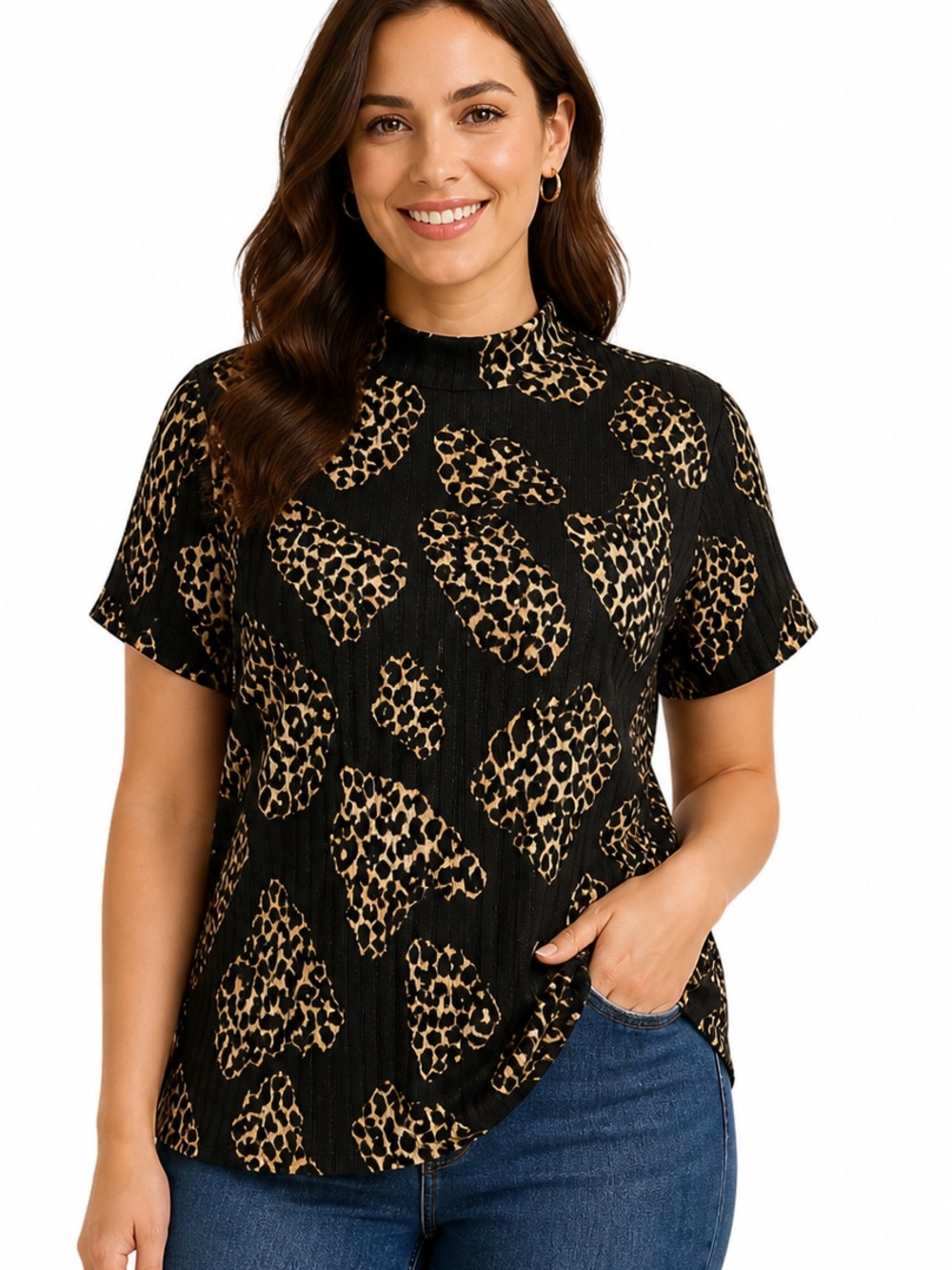 DKNY Black Animal Print Knit Top Size XL NWT Short Sleeve Stylish
